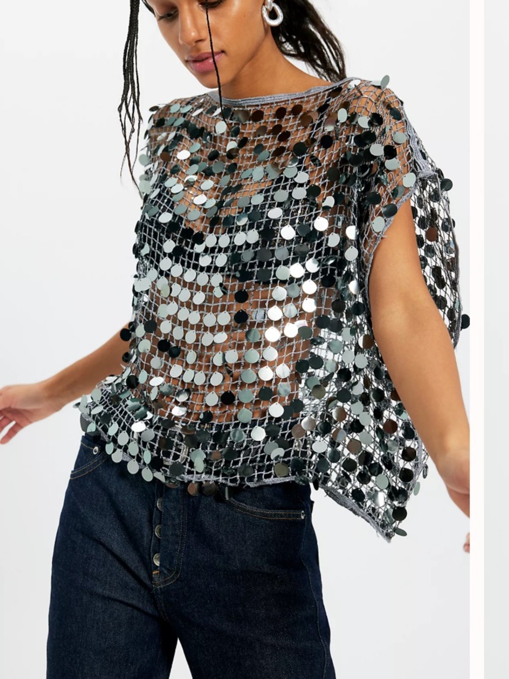 Free People Silver Sequin Mesh Camisole